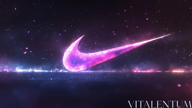 Glowing pink swoosh logo in cosmic digital space scene.