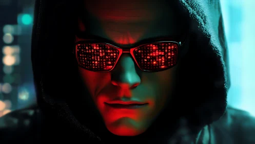 Encrypted neon eyes watch the city through burning code