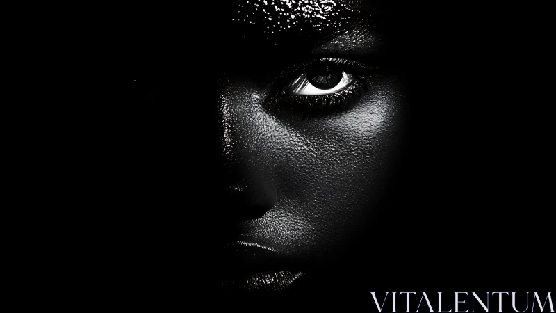 Monochrome portrait with sculpted light on textured skin.