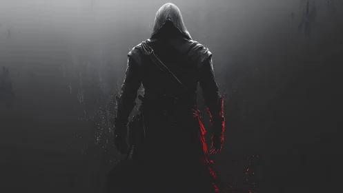 Hooded shadow warrior ignites crimson paths in the dark.