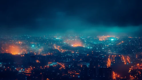 Midnight city glow wrapped in misty neon hush.