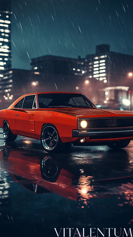 Red muscle car stands on wet city street in night rain