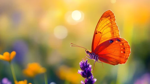 Orange butterfly on purple flower in blurred sunlit field.