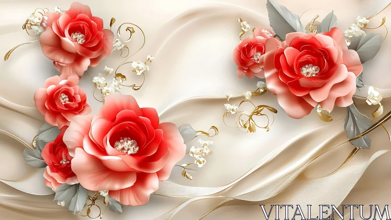 Crimson Peonies Dance Through Silk & Shimmer.