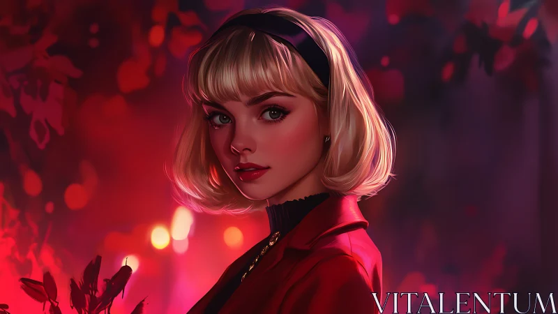 Blonde woman in red coat against blurred red bokeh field.