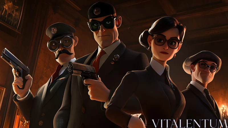 Stylized armed agent team in dark formal attire.