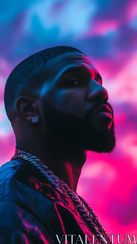 Man in neon backlight looks upward against vivid sky