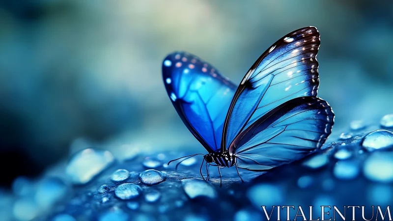 Cerulean butterfly poised on dewdrops in dreamy twilight.