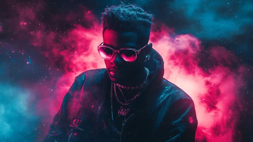 Neon-lit cyber portrait renders subject in dual-tone vapor haze