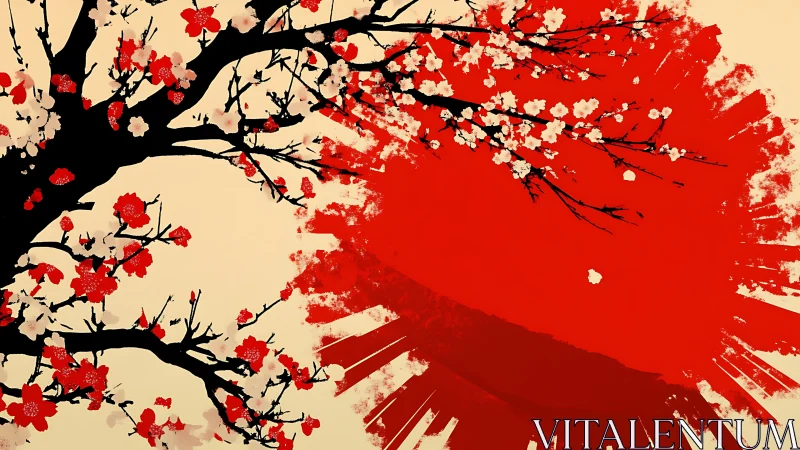 Vector sakura branches over radial crimson paint sun motif.