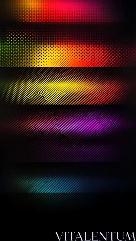 Layered neon gradients with halftone dots and diagonal lines.