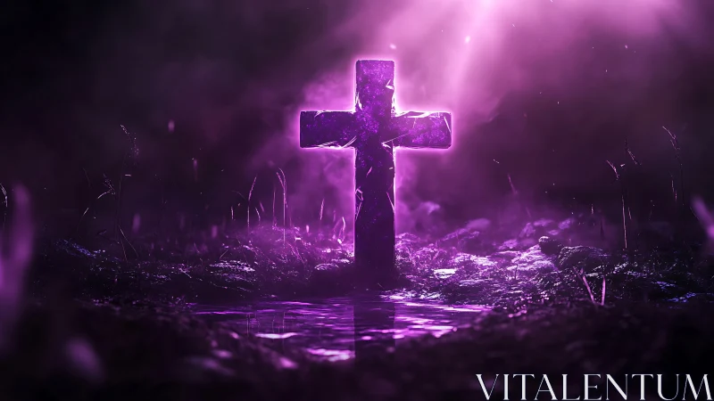Backlit stone cross under volumetric purple atmospheric lighting