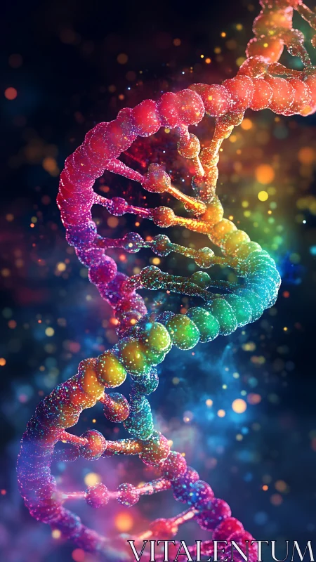 Chromatic DNA double helix rendered with volumetric bokeh lighting