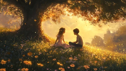 Two children converse beneath ancient tree in luminous meadow.