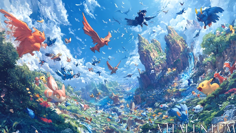 Expansive aerial ecosystem of stylized creature migrations.