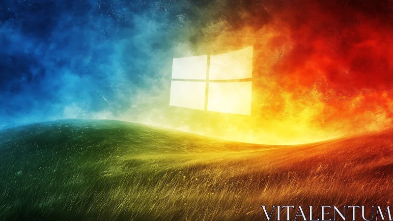 Glowing quad-window emblem over chromatic digital landscape.