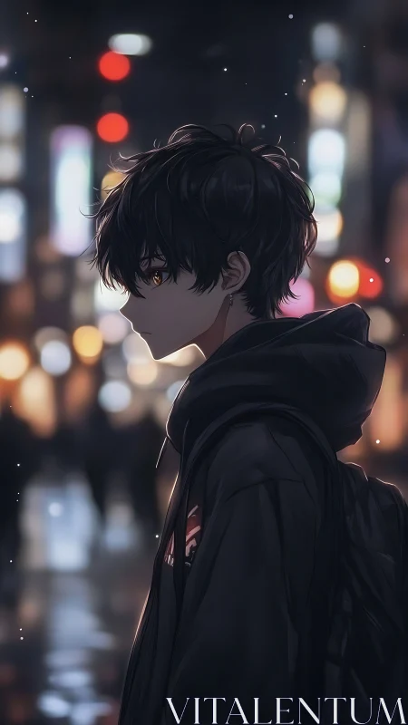 Brooding youth drifts through neon city lights at night.