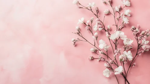 White carnation branches arranged on soft pink background surface.
