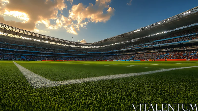 Sunlit soccer stadium corner under crowded evening stands.