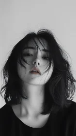 Monochrome close up portrait of woman with tousled hair.