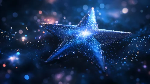 Blue luminous star shape in abstract particle field.