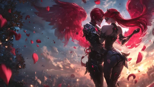 Twin Redhead Cyborg Warriors: Dynamic Pose Amid Crimson Particle Effects