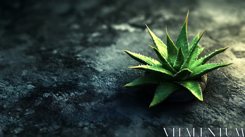 Green aloe plant on dark textured stone surface.