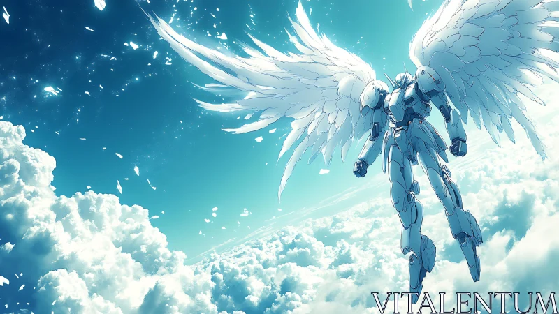 Aerospace-grade winged mecha ascending through stratospheric clouds.