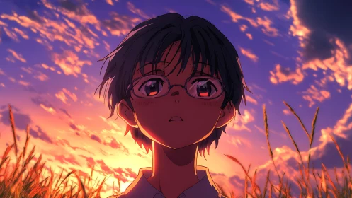 Sunset-lit anime boy gazes upward in a quiet wheat field.