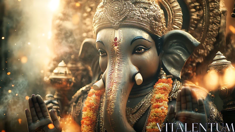 Gentle golden Ganesha bathed in soft ceremonial light.