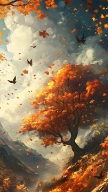 Vertical landscape shows lone autumn tree on sloped valley