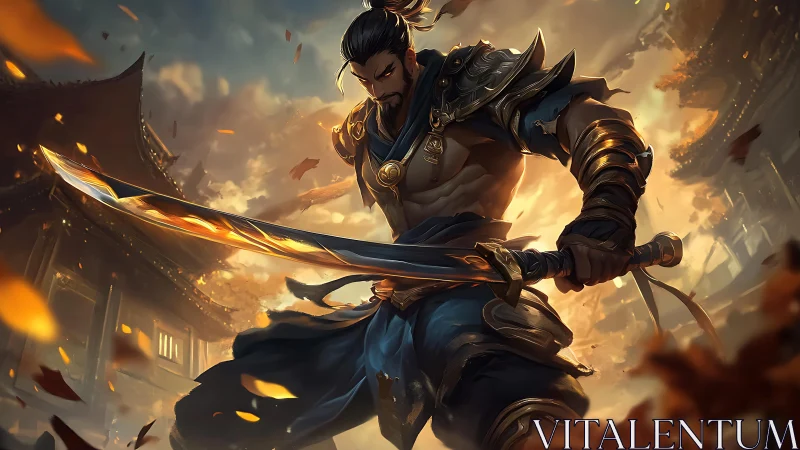 Armored swordsman in courtyard with glowing blade and leaves.