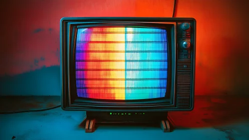 Retro CRT television with neon glitch gradient screen display.