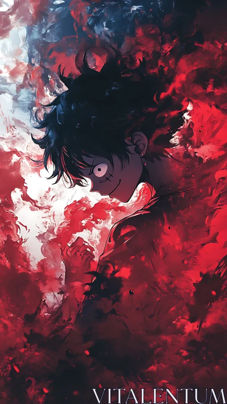 Dark-haired anime figure in abstract red smoke field.