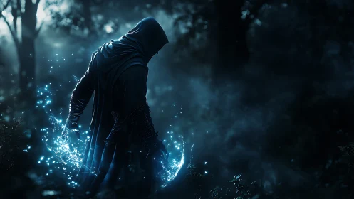 Hooded forest assassin channels bioluminescent arc blades.