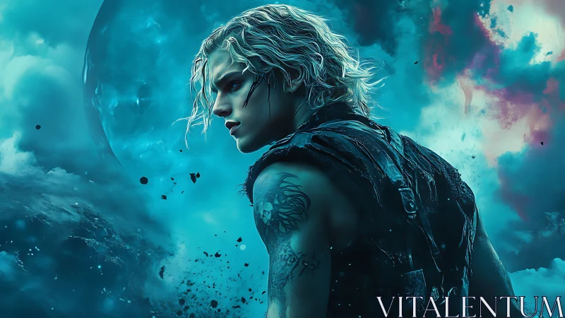 Stormlit warrior under cyan cosmic sky stands alone.