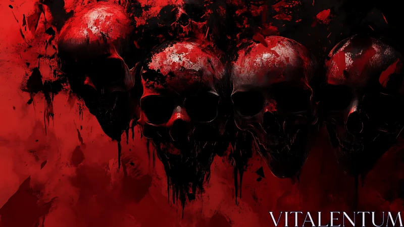 Row of dark bloodied skulls on intense red backdrop.