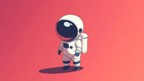 Cute cartoon astronaut stands alone on warm coral backdrop