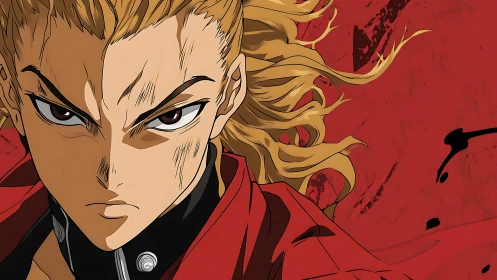 Intense anime warrior locks gaze against bold red storm.