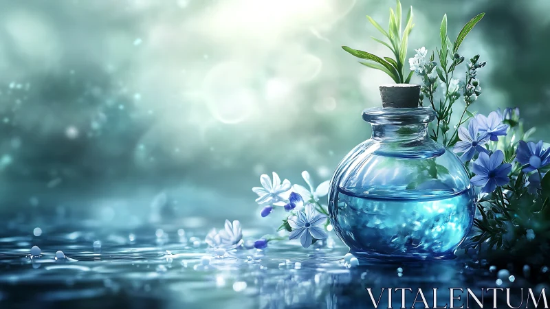 Translucent glass vial with blue liquid, florals and wet bokeh field