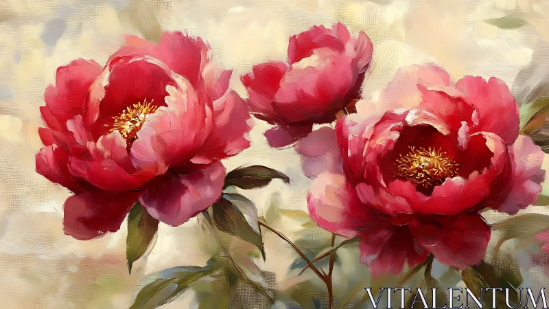 Red Peonies with Golden Centers in Oil Paint Style