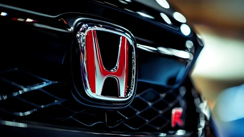 Red Honda emblem gleams on performance car grille at night