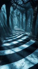 Moonlit striped forest path curves through dense shadows.