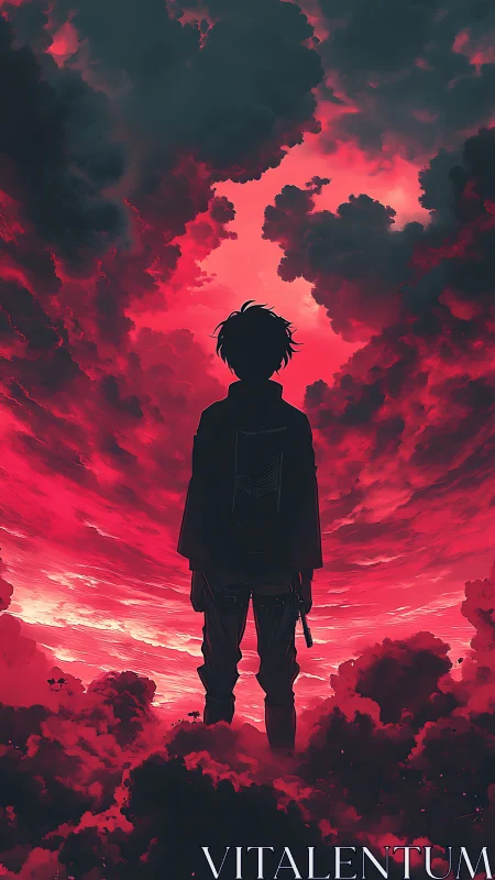 Silhouetted wanderer beneath stormy crimson heavens.