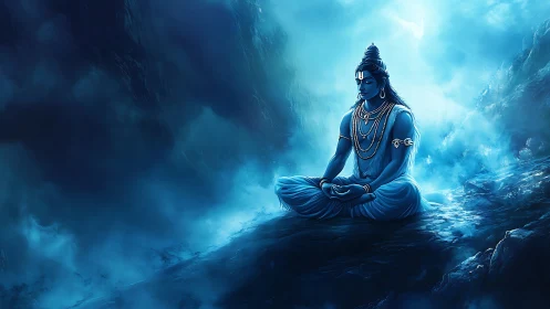 Serene blue deity meditates amid mystical mountain mists
