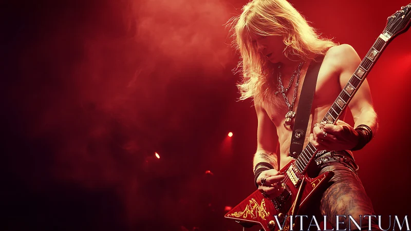 Photorealistic rock guitarist under red stage lighting focus.