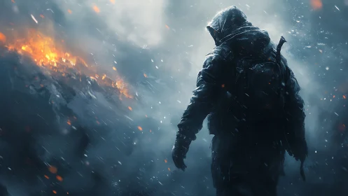 Hooded figure walks through snowy smoke toward distant fire
