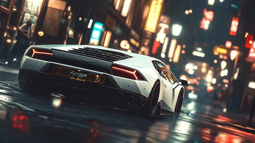 White supercar on wet neon city street at night in rain.
