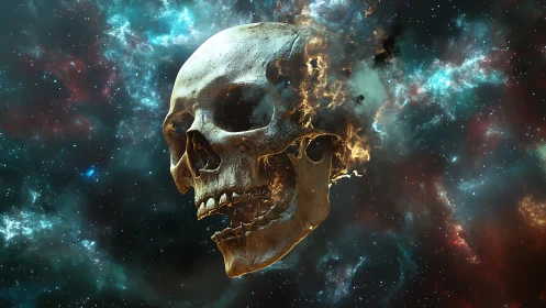 Cosmic skull construct framed in turbulent nebular field.