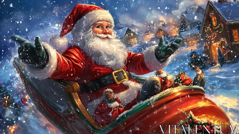 Festive Santa sleigh ride over snow lit Christmas village.